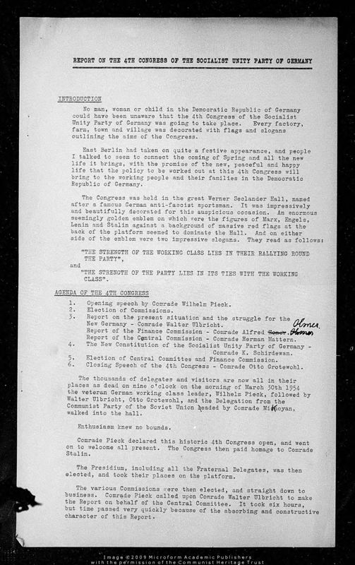 View document: Material from Pollitt’s trip to the German Democratic Republic, 1954.