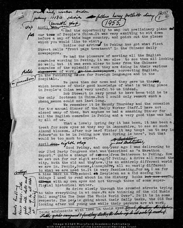 View document: Material from Pollitt’s trip to China, 1955.