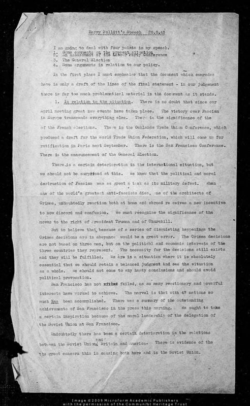 View document: Pollitt’s speech on the Labour Party Conference and General Election, 1945.
