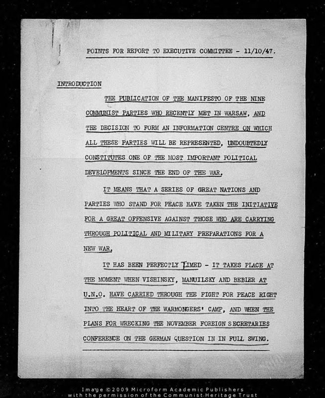 View document: Report on the birth of Cominform, 1947.