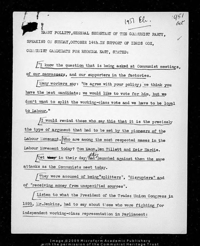 View document: Material related to the East Rhondda by-election 1951.