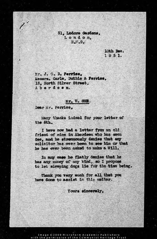 View document: Correspondence regarding William Gee’s health, 1951-1952.