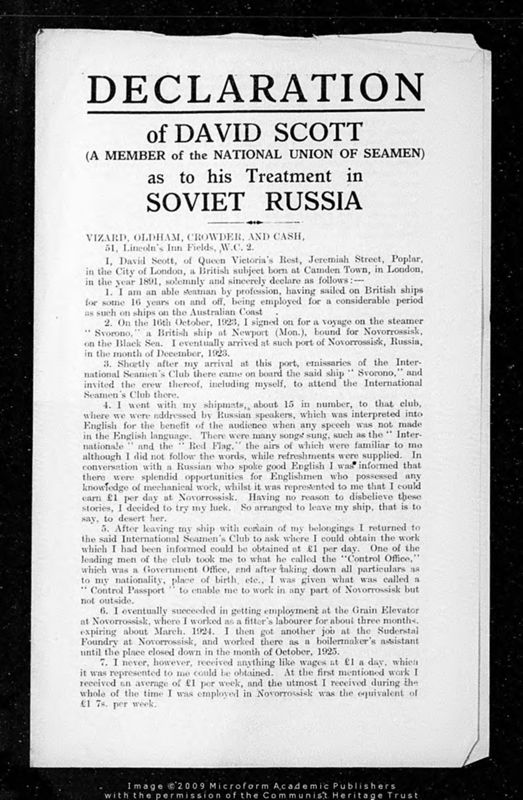 View document: Scott’s declaration about his treatment in the Soviet Union, 1927.