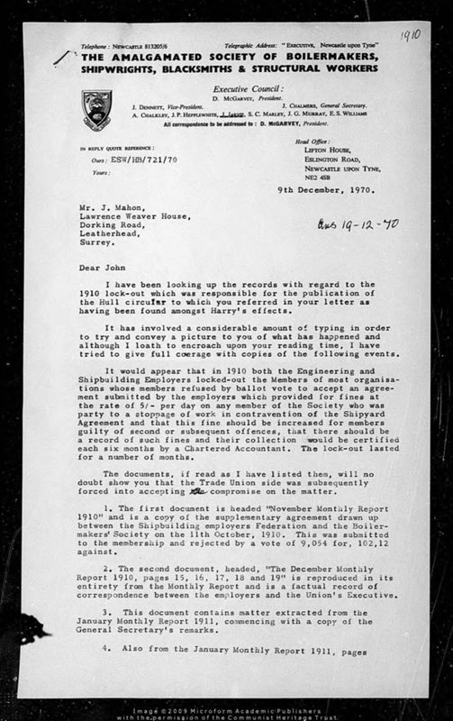 View document: Research material: Pollitt and the Boilermakers Society, 1970.