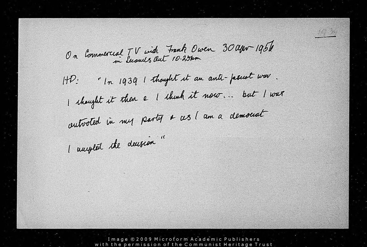 View document: Research material: Pollitt and the Second World War, 1972.