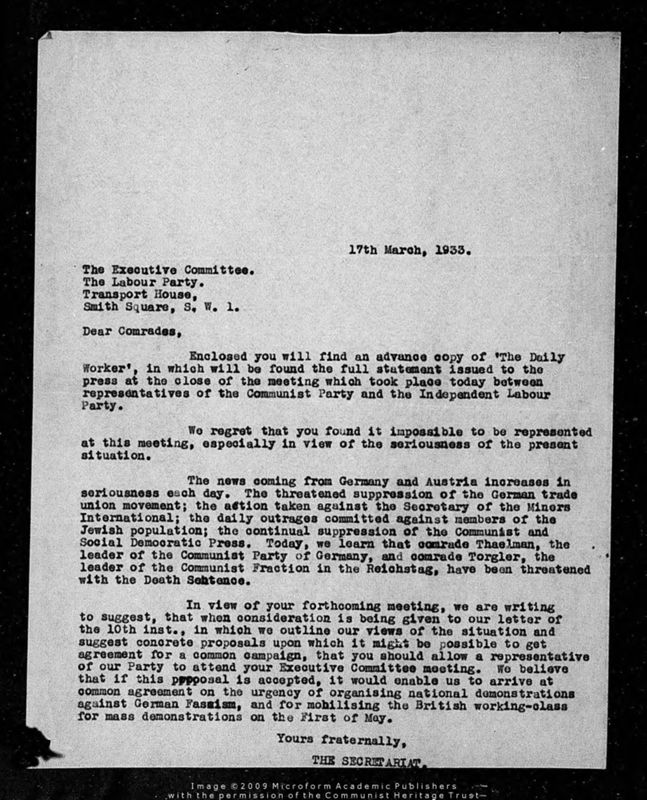 View document: Correspondence regarding attempts to create a united front, 1933-1936.