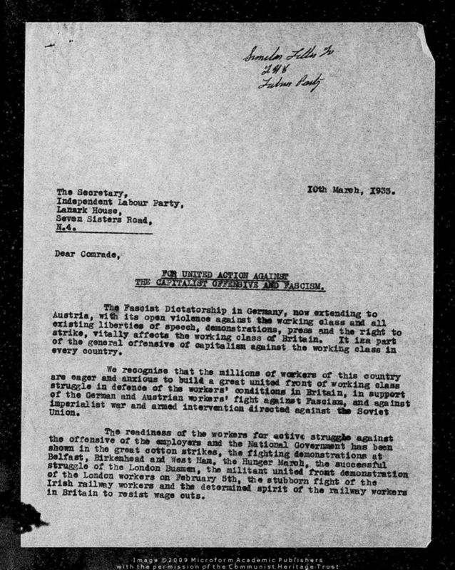 View document: Correspondence with the TUC regarding a United Front, 1933-1934.