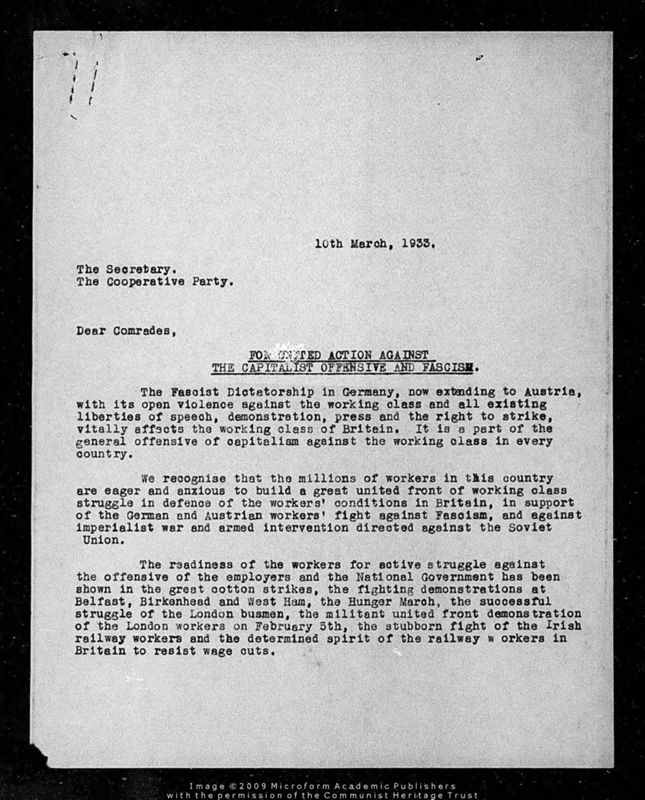 View document: Correspondence with the Cooperative Party regarding a United Front, 1933-1936.