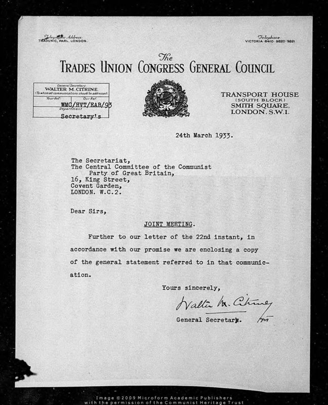 View document: Correspondence with labour movement organisations regarding a United Front, 1933-1934.