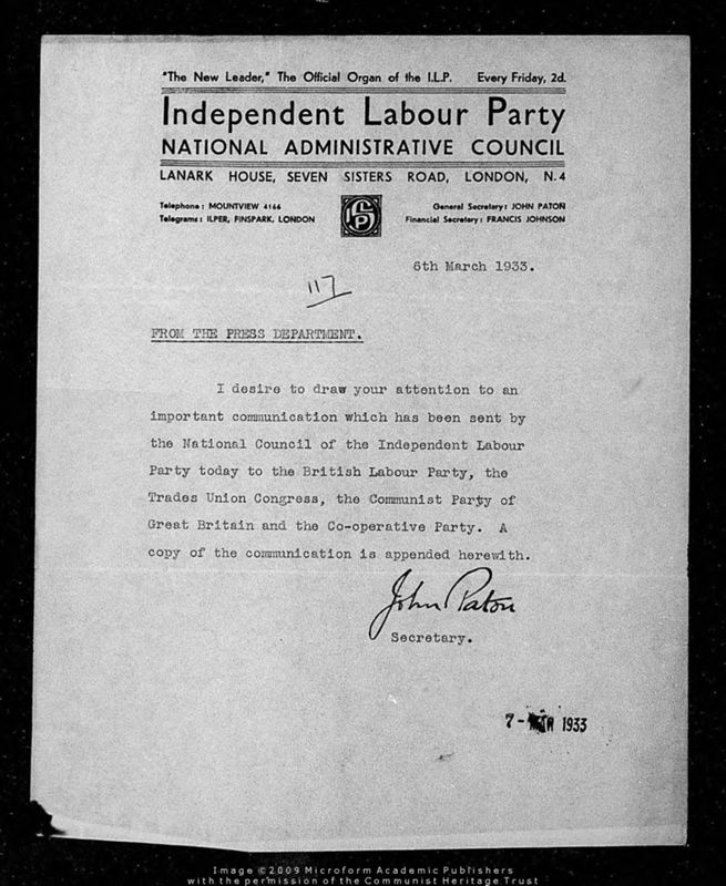 View document: Correspondence between Pollitt, Paton and Brockway, 1933.