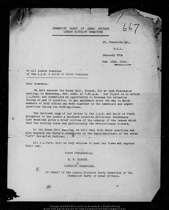View document: Material regarding the 'United Front', 1933.