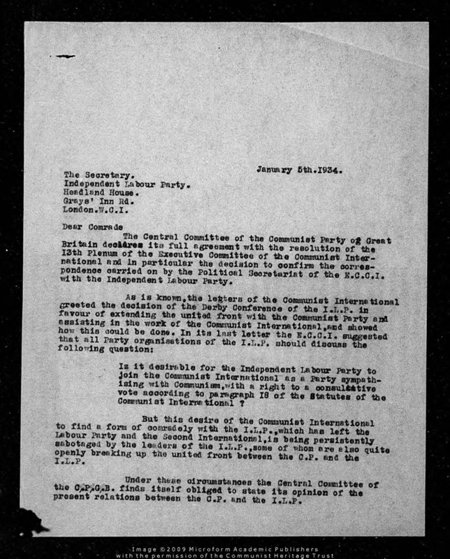 View document: Correspondence between Pollitt and Fenner Brockway, 1934.