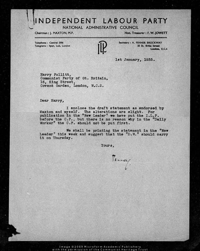 View document: Correspondence between Pollitt and Fenner Brockway, 1935.