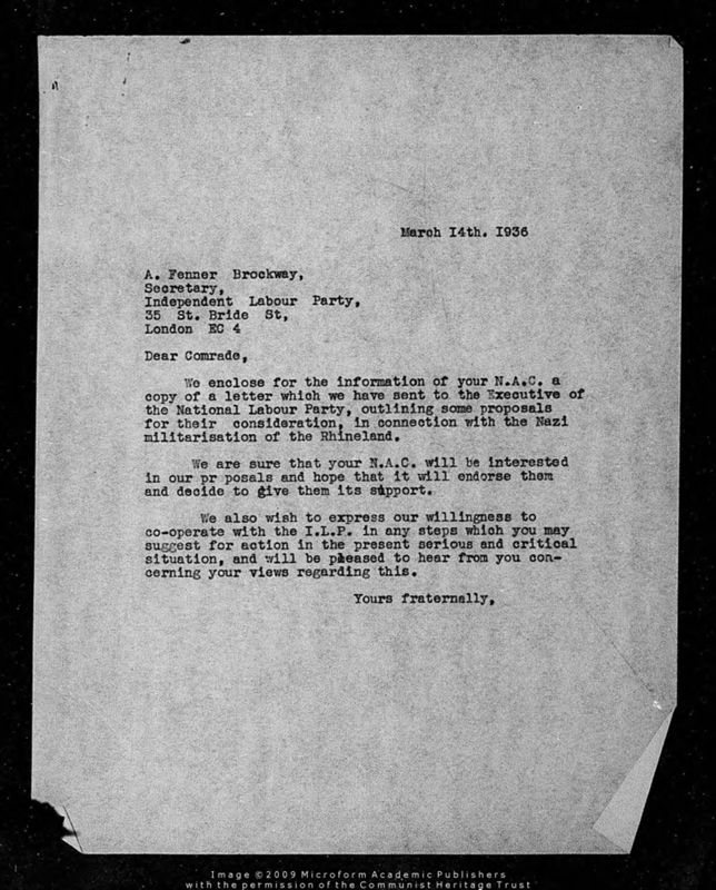 View document: Correspondence between Pollitt and Fenner Brockway, 1935.