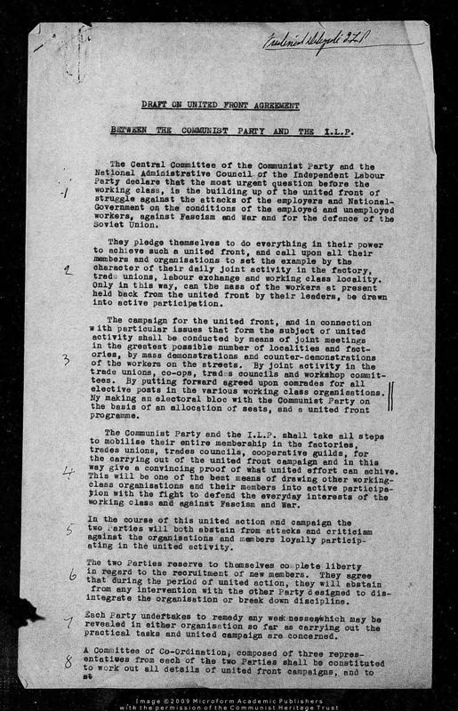 View document: Miscellaneous material regarding the ‘United Front’, c. 1930s.