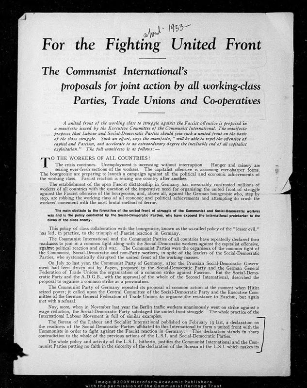 View document: Work of the Central Committee in building the ‘United Front’, 1933-1939.