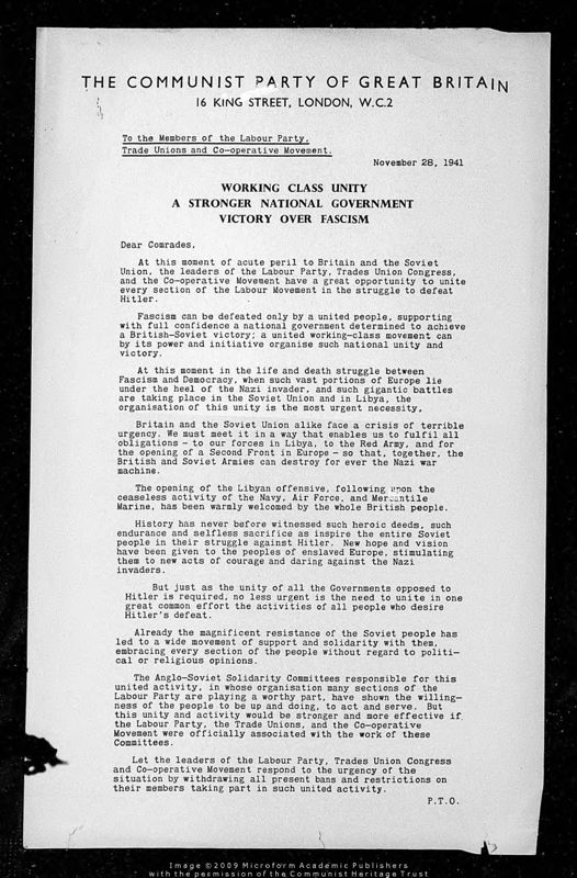 View document: Correspondence relating to building the ‘United Front’, 1941-1947.