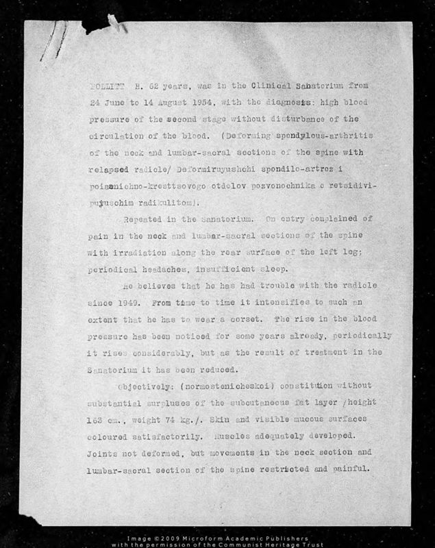 View document: Reports on Pollitt’s health from a Clinical Sanatorium in the Soviet Union, 1954.